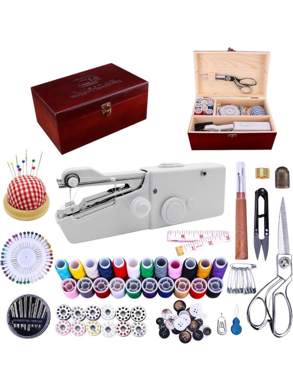 Mini Portable Handheld Sewing Machine with Wooden Box & 153-Piece Kit for Quick
